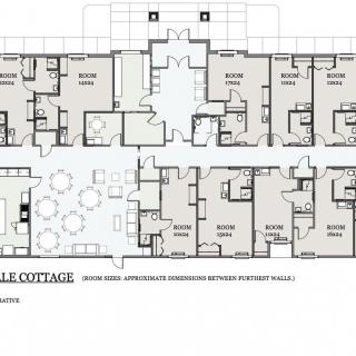 Architectural floor plan of a building layout with multiple rooms and communal areas.