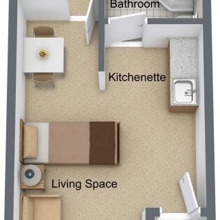 Studio apartment floor plan with kitchenette and living space.