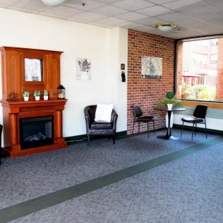 A cozy waiting room with a fireplace, chairs, and a large window letting in natural light.