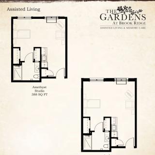 A floor plan layout for The Gardens at Town Square, showcasing two different configurations of assisted living apartments.