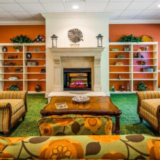 A cozy living room featuring a central fireplace, surrounded by shelves and comfortable furniture.