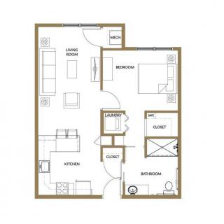 A simple floor plan of an apartment showcasing the layout of rooms and key features.