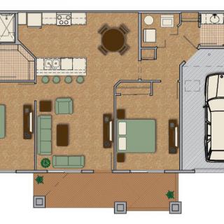 A detailed floor plan illustrating the layout of a home, including bedrooms, a living room, kitchen, dining area, bathroom, and garage.