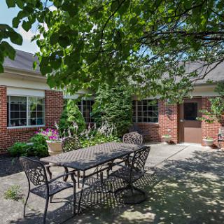 A charming outdoor patio set under a leafy tree, perfect for gatherings.