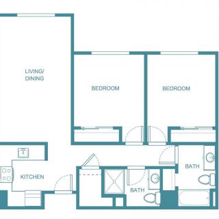 A floor plan featuring two bedrooms, a living/dining area, kitchen, and two bathrooms.