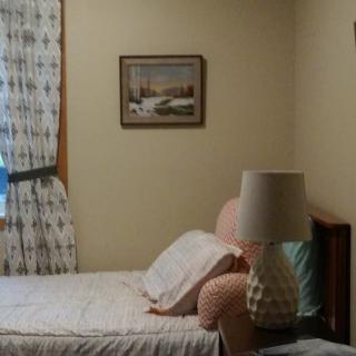 A cozy bedroom with a single bed, bedside lamp, patterned curtains, and a framed painting on the wall.