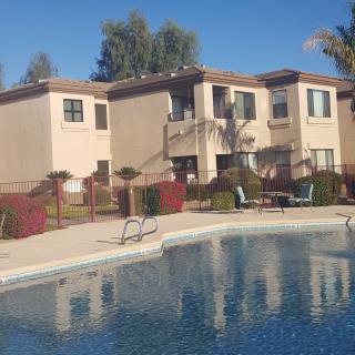 An apartment complex with a swimming pool and surrounding greenery on a sunny day.