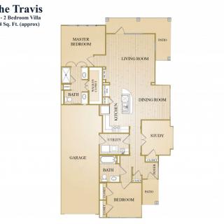 A floor plan for a three-bedroom apartment named 'The Travis', featuring a spacious living area and modern amenities.