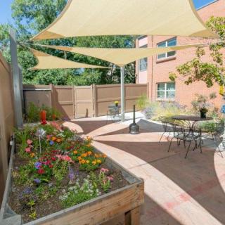 A cozy patio area with outdoor seating, shade sails, and a vibrant garden planter.