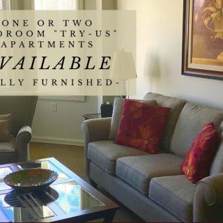 Advertisement for fully furnished one or two-bedroom apartments.
