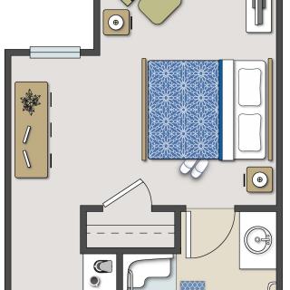 A detailed floor plan of a small apartment with a bedroom, living area, and bathroom.