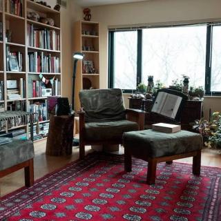A cozy living room with bookshelves, armchairs, and a red patterned rug, illuminated by natural light from a large window.