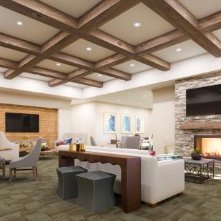 A modern living room with a cozy fireplace and stylish seating area.