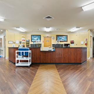 A welcoming reception area with a wooden counter and modern decor.