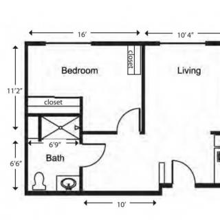 One-bedroom apartment floor plan with a living area and bathroom.
