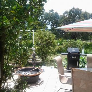 A cozy patio setup with outdoor furniture, a grill, and surrounding greenery.