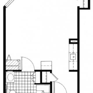 A detailed floor plan showing the layout of a one-bedroom apartment with a bathroom and kitchen area.