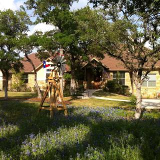 A quaint house surrounded by a garden with a small windmill and blooming flowers.