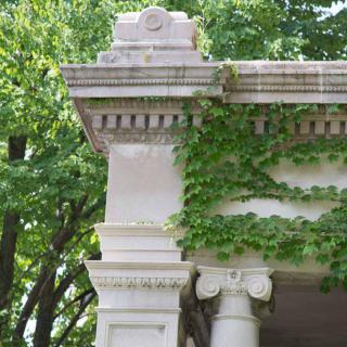 A classic architectural column partially covered with ivy in an outdoor setting.
