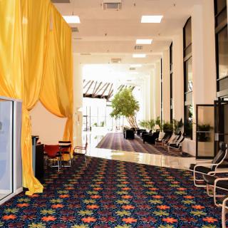 A brightly lit hallway featuring a colorful carpet and yellow curtains, with chairs and potted plants along the windows.