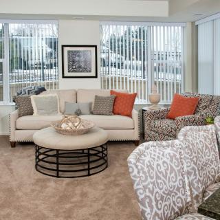 A cozy living room with modern furniture and stylish decor, featuring a sofa, plush cushions, and a round coffee table.