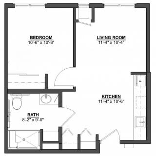 This is a floor plan of a 1-bedroom apartment featuring a kitchen, bathroom, and living room.