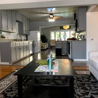 An open-concept living room and kitchen with gray cabinetry, a black coffee table, and plenty of natural light.