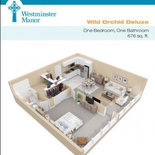 3D floor plan of the Wild Orchid Deluxe one-bedroom, one-bathroom apartment at Westminster Manor.