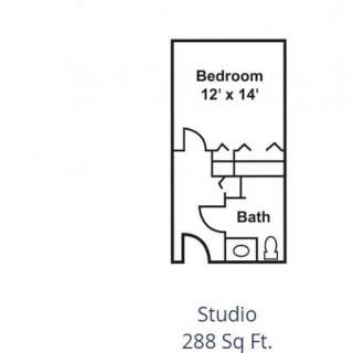 A floor plan of a studio apartment with a bedroom and bathroom, totaling 288 square feet.