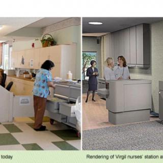 Comparison of current and proposed hospital nurse station designs.