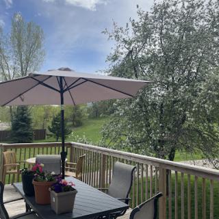 A serene outdoor deck with a table, umbrella, and blooming flowers, surrounded by lush greenery on a sunny day.