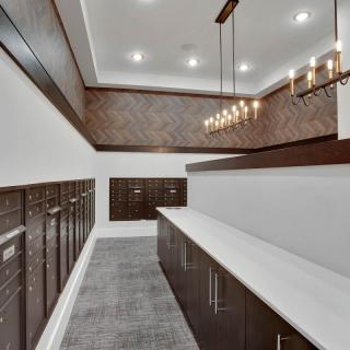 A modern kitchen interior featuring sleek countertops and dark wood cabinetry with elegant chandeliers.