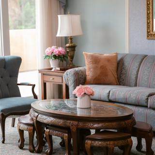 A cozy living room with elegant furniture and floral decor.