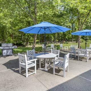 A sunny outdoor patio with white tables and chairs, shaded by blue umbrellas, surrounded by lush greenery.
