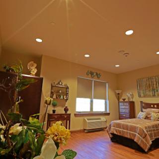 A cozy and well-decorated bedroom featuring elegant furniture and a touch of nature.