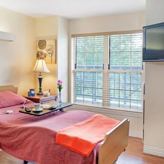 A cozy room with a hospital bed, featuring a lamp, window with blinds, and a wall-mounted TV.