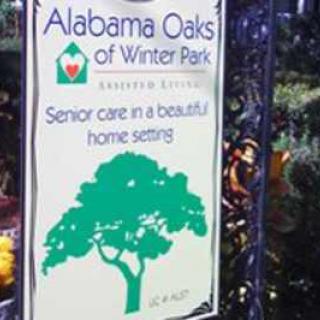 Sign for Alabama Oaks of Winter Park, a senior care facility in a beautiful home setting.