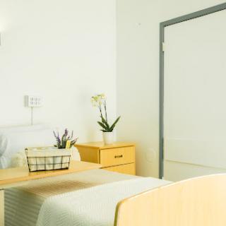 A bright and minimal hospital room featuring a bed, wooden furniture, and potted plants.