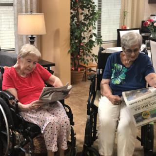 Two seniors enjoying a quiet moment together while reading newspapers in a cozy care home.