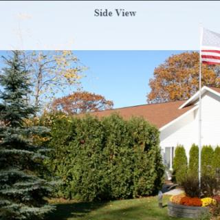 A side view of a house with surrounding trees, bushes, and an American flag.
