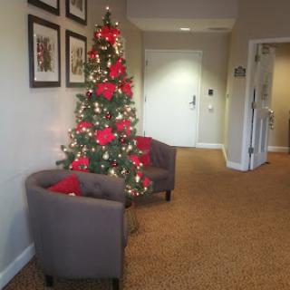 A beautifully decorated Christmas tree with red ribbons and lights in a cozy lobby area.