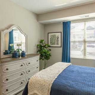A cozy bedroom with a dresser, mirror, plant, and bright window.