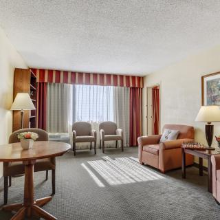 A cozy hotel living area with comfortable seating and ample natural light.
