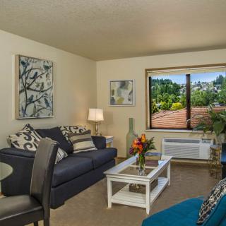 A cozy living room with stylish decor and a view of the outdoors.
