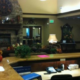 A welcoming office reception area with a stone fireplace, plants, and a warm lamp on the counter.