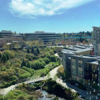 A panoramic view of a cityscape integrating modern buildings and lush greenery under a clear blue sky.