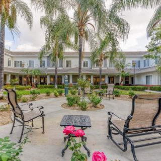 A peaceful courtyard with palm trees and outdoor seating in a landscaped garden setting.