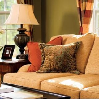 A cozy living room setup featuring a comfortable sofa with decorative cushions and a stylish lamp.