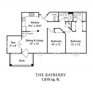Floor plan of 'The Bayberry' apartment with two bedrooms, a kitchen, dining and living area, deck, and bathrooms.