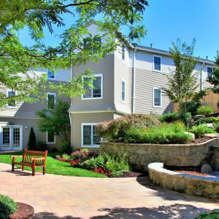 A modern house with a beautifully landscaped garden and patio area.
